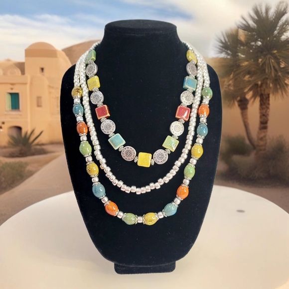 Sophisticated Southwestern Style Beaded Multicolored Multistrand Necklace Set - Picture 1 of 16